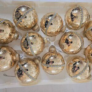 Vintage Krebs Gold Glass Ornaments Set of 12 with Silver/Gold Embellishments